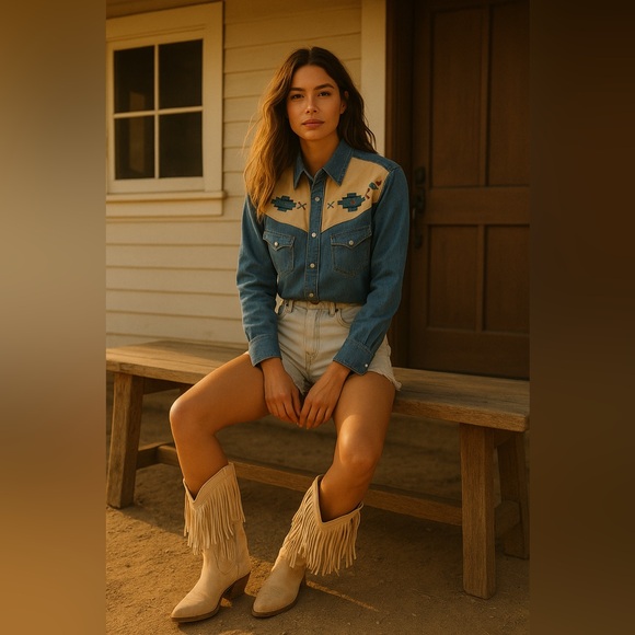 Vintage Tops - Vintage Shooter Seduction Paris Denim Western Shirt – Snap Front, Tailored Fit